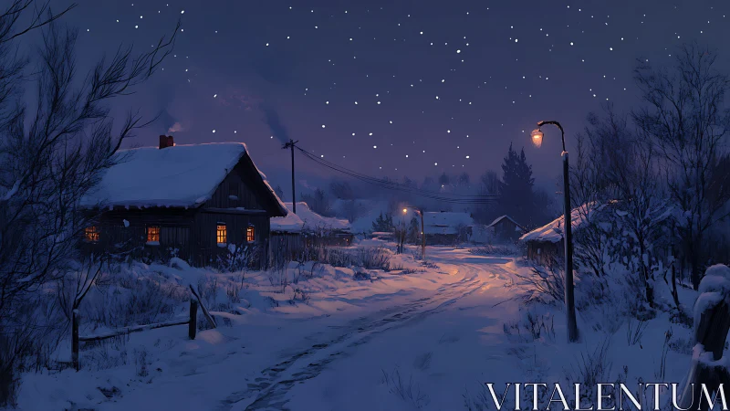 Snow-covered village road extends under a clear night sky
