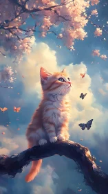 Celestial Kitten Dreams Among Floating Blossoms and Butterflies