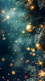 Photorealistic vertical Christmas tree with golden ornaments.