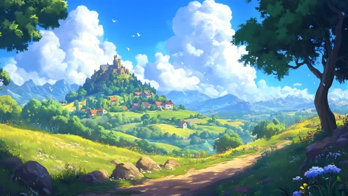 Hilltop castle overlooks bright rural valley and winding path