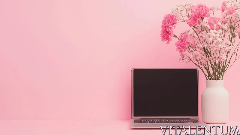 Pink workspace with laptop and flowers on minimal desk.