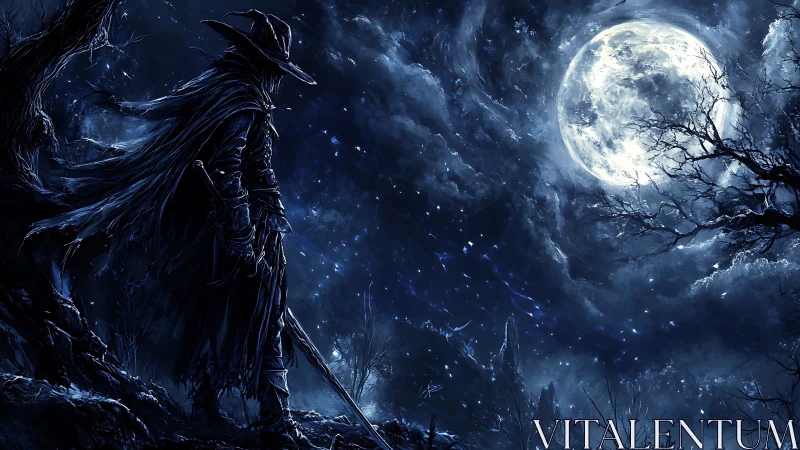 Cloaked warrior stands under full moon in dark blue night