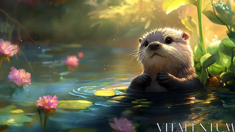Cute otter in sunlit pond surrounded by flowers and lily pads.