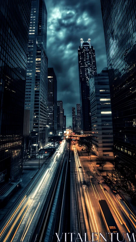 Midnight traffic threads neon streaks through brooding towers