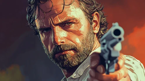 Bearded gunman in close-up, stylized revolver perspective