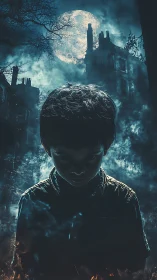 Sinister child silhouette before haunted moonlit ruins.