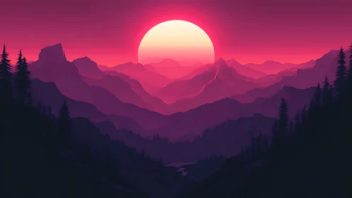 Radiant pink sun settles gently over dreamy mountain peaks