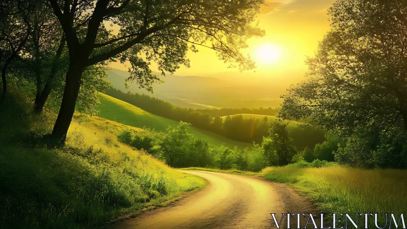 Curving rural road through sunlit hills and tree line at sunset.