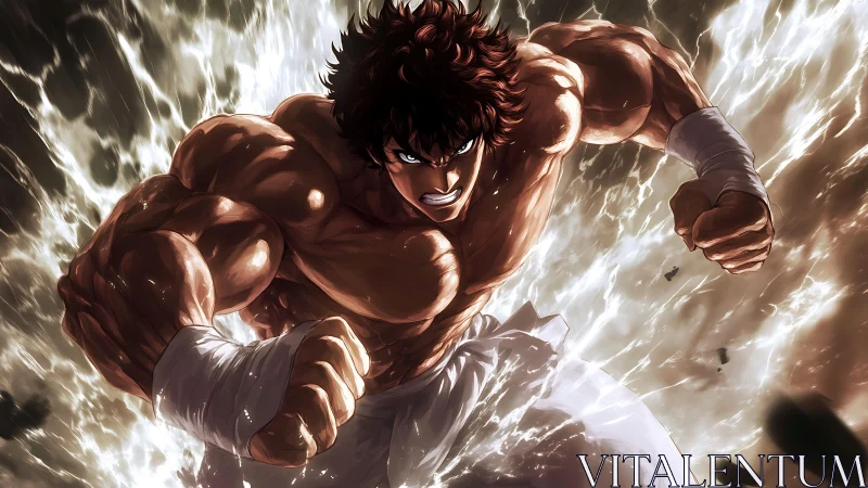 Battle ready muscular anime fighter charging forward.
