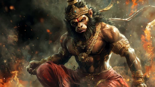 Fierce mythic monkey warrior amid swirling embers poised.