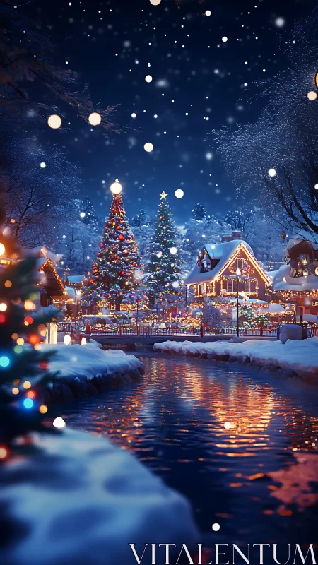 Snowy riverside village with illuminated Christmas trees at night