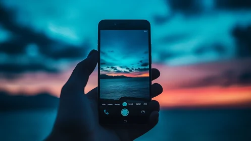 Smartphone captures sunset seascape in twilight hour.