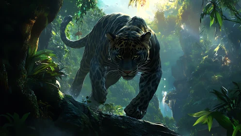 Jungle Predator: Leopard Emerges Through Forest Mist.