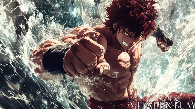 Dynamic anime fighter punching through explosive ocean spray.
