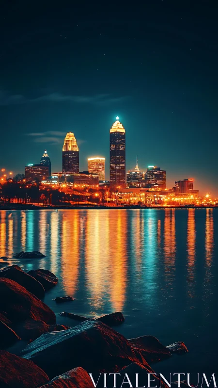 Neon-lit lakeside skyline renders vertical reflections at night