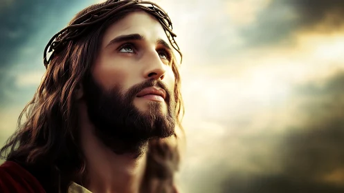 High-detail digital portrait of bearded man with thorn crown gazing upward