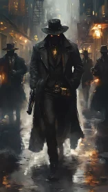 Cyber-noir gunslinger advances through rain-soaked alleyway