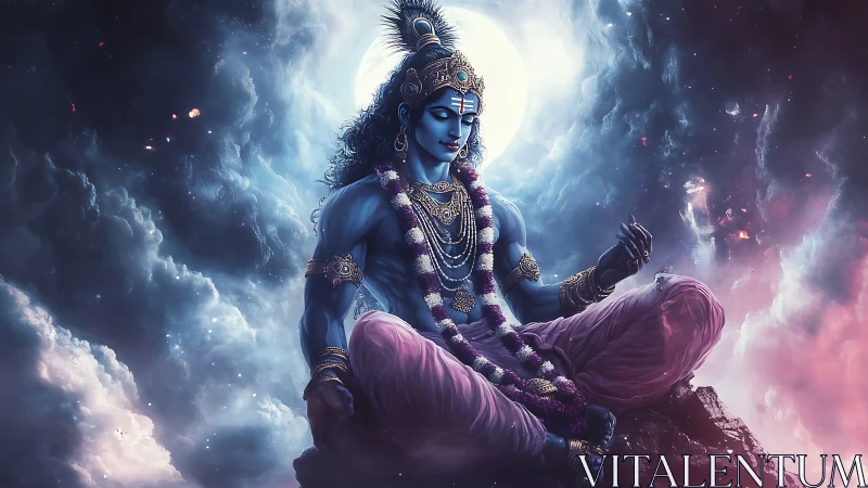 Celestial blue deity meditating beneath luminous full moon.