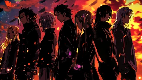 Silhouetted anime squad against blazing sunset sky.