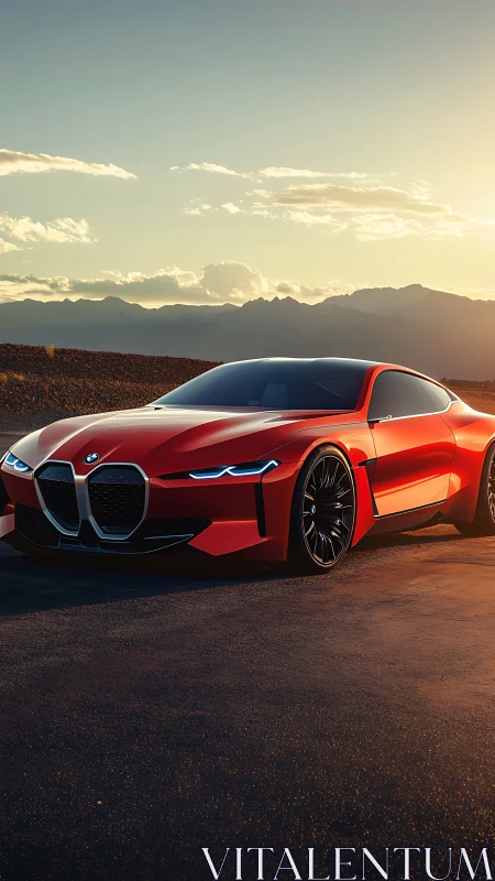 Aerodynamic red coupé renders with high-gloss shaders at sunset