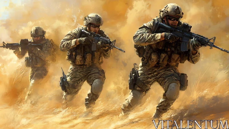 Dynamic military squad charge in desert combat digital painting.