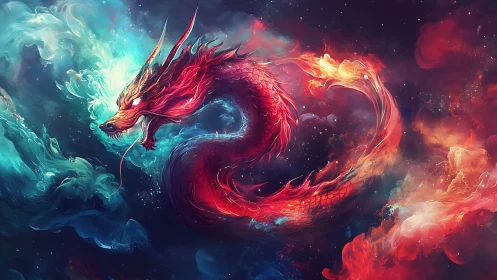 Cosmic fire dragon swirling through glowing nebula clouds.