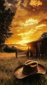 Photorealistic western sunset with foreground cowboy hat study.