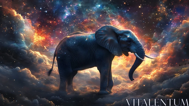 Celestial elephant strides through nebular clouds in space