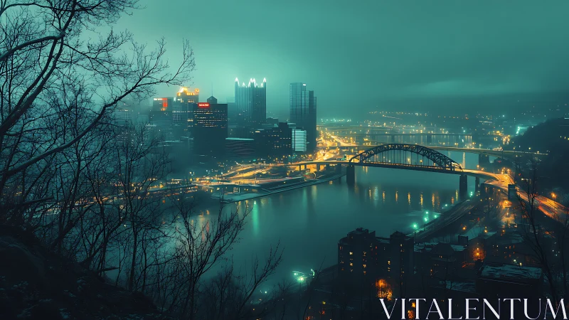 Foggy teal city skyline overlooks river bridges at night