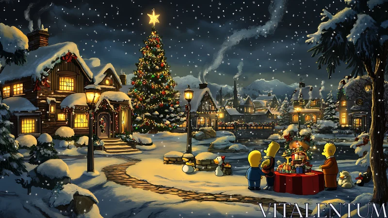 Snow-laden village Christmas tableau with stylized cartoon family.