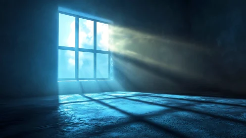 Volumetric sunlight through grid window in dark chamber.