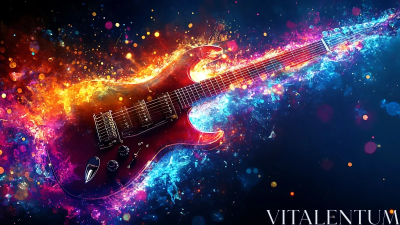 Electric guitar surfing a cosmic splash of neon light.