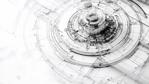 Futuristic Circular Technical Blueprint in Monochrome Digital Style.