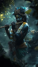 Divine blue-hued flute player in misty forest pool at dusk