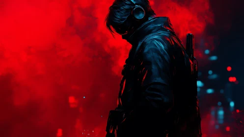 Cyberpunk lone operative in neon red urban haze.