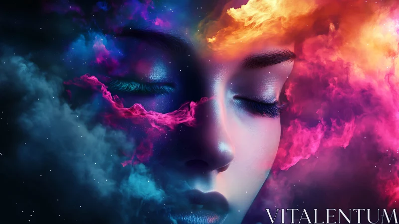 Dreaming cosmos portrait in swirling neon nebulae.