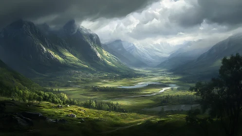 Stormlit alpine valley with braided river and steep granite walls