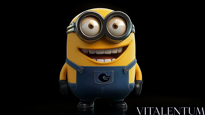 Yellow cartoon character stands smiling in blue overalls