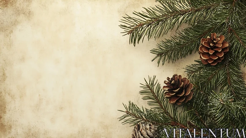 Evergreen branches with pine cones frame aged paper surface