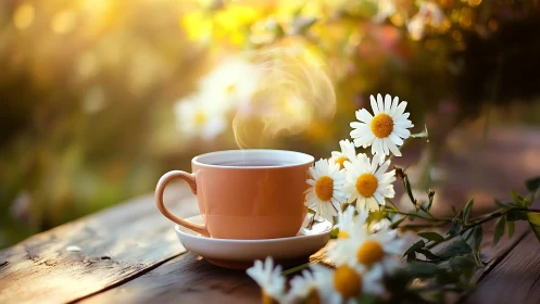 Photorealistic floral still life with steaming cup on wood table.