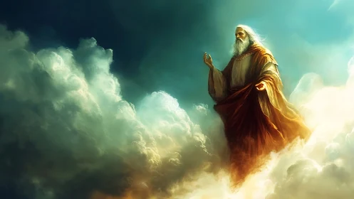 Elderly robed figure standing among dense illuminated clouds.