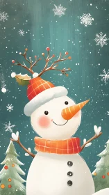 Cheerful snowman reindeer with candy antlers in snowfall.