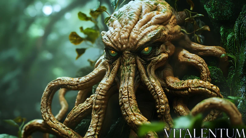 Jungle elder god coils in mossy gloom with watchful eyes.