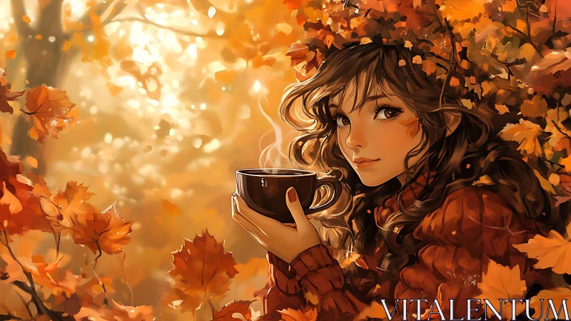 Autumn forest portrait of woman holding steaming cup of tea.