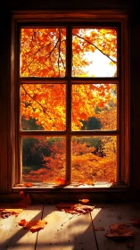 Golden autumn sunlight pours through a rustic wooden window