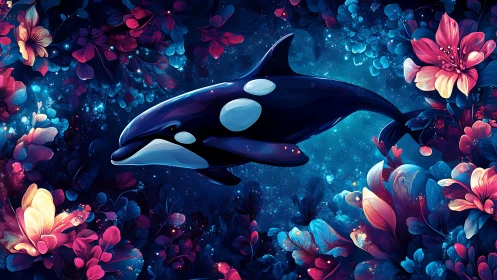 Orca swims through glowing floral galaxy in deep blue sea.