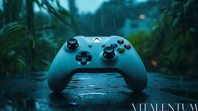 Xbox Series X Controller in Rain: Photorealistic Gaming Peripheral.