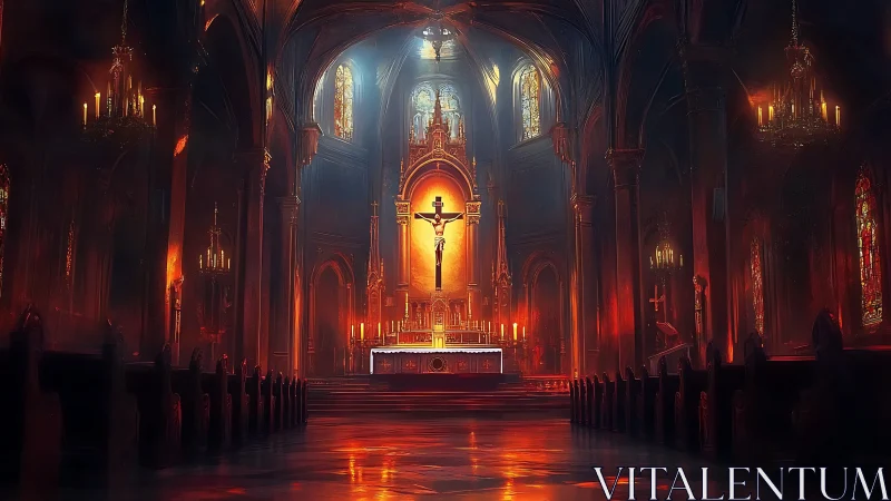 Gothic cathedral nave interior with crucifix altar lighting