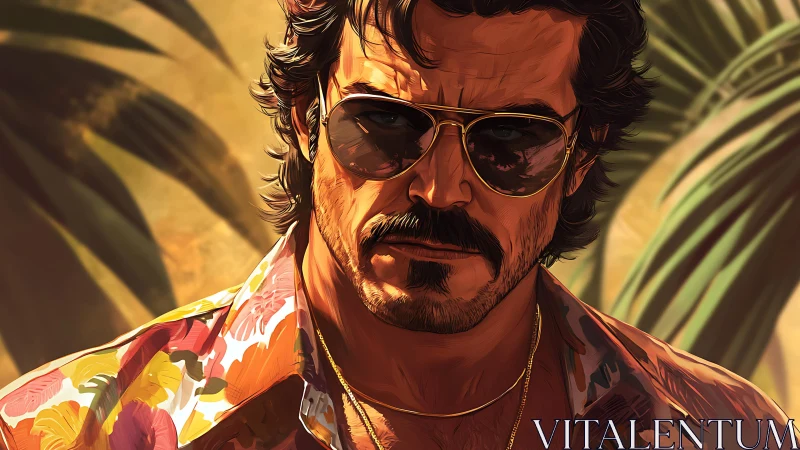 Sunlit tough guy in retro shades and bold tropical shirt.