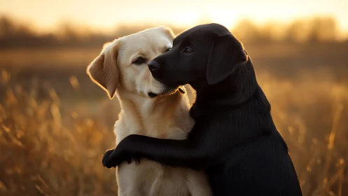 Two Labradors Embracing in Golden Field at Sunset.